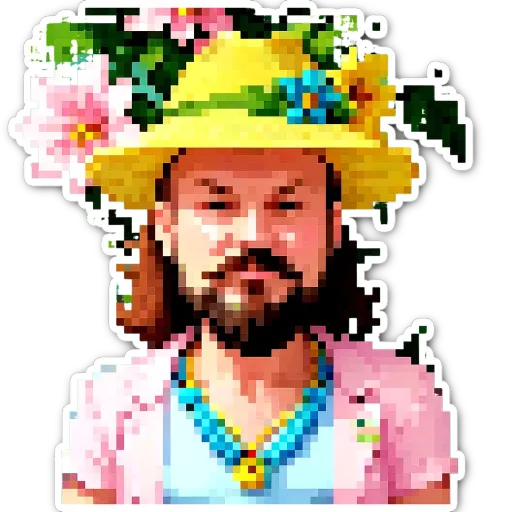 A man is wearing a hat and has a flower in his hair.