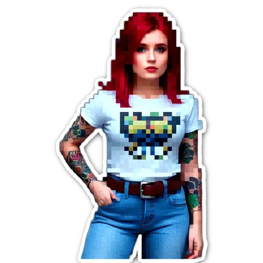 A girl wearing a white shirt with a blue eye on it.