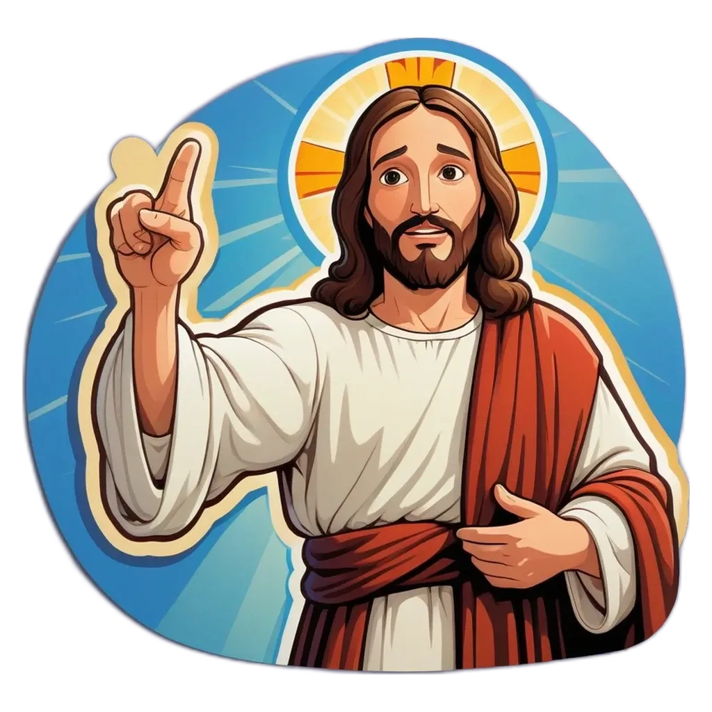 A jesus pointing and talking to people.