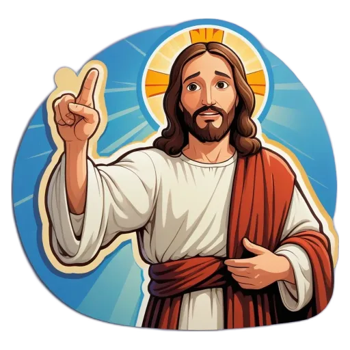 A jesus pointing and talking to people.