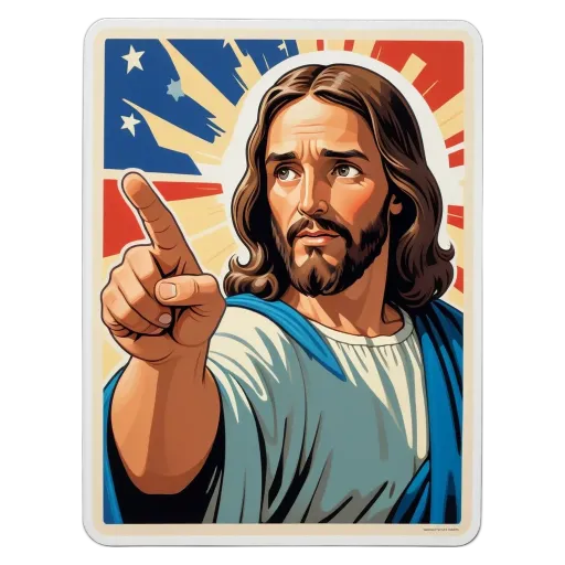 A sticker of jesus pointing to the left.