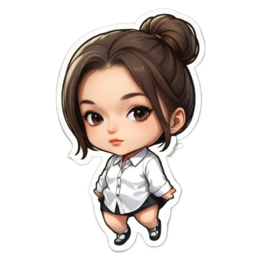 A girl with a white shirt and black skirt who is dancing.