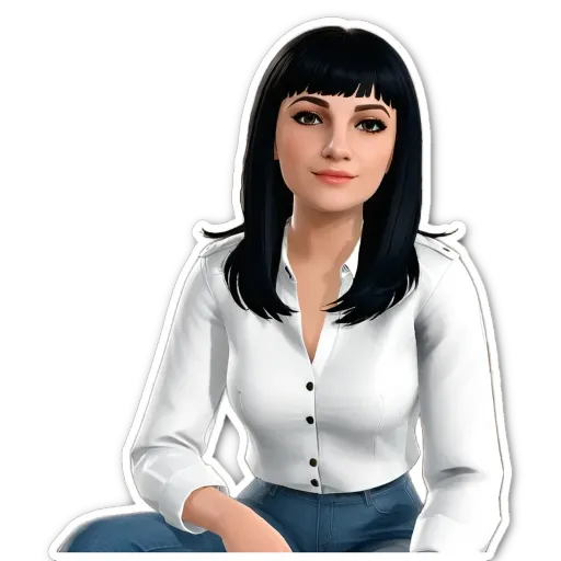 A woman is sitting with a button up shirt on.