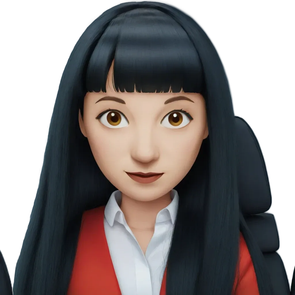 A cartoonish photo of woman with dark hair and an orange shirt.