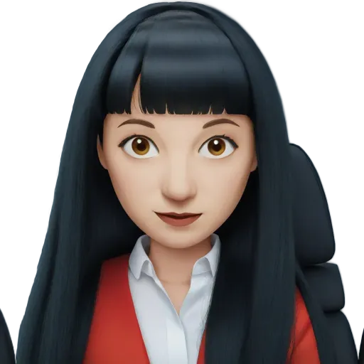 A cartoonish photo of woman with dark hair and an orange shirt.