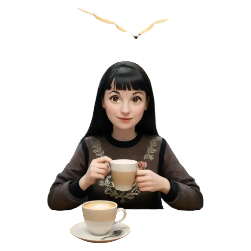 A girl drinking from a coffee cup in a cartoonish image.