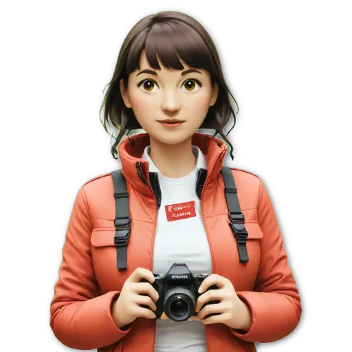 A woman is holding a camera in a orange jacket.