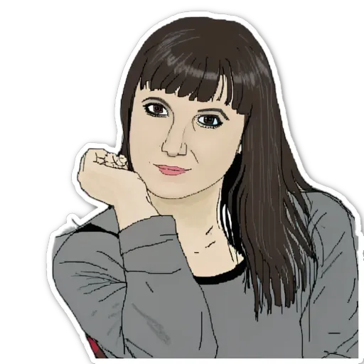 A woman with a black and grey shirt is touching her elbow.