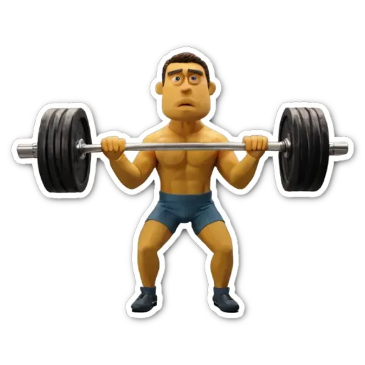 A man lifting weights with a sticker of him on the weight.