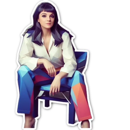 A woman is sitting in a chair in a black, blue, and red outfit.