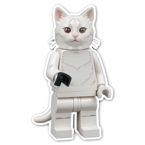A white lego cat with a black hand in a black case.