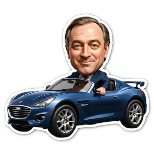 A drawing of a car and a man wearing a suit.