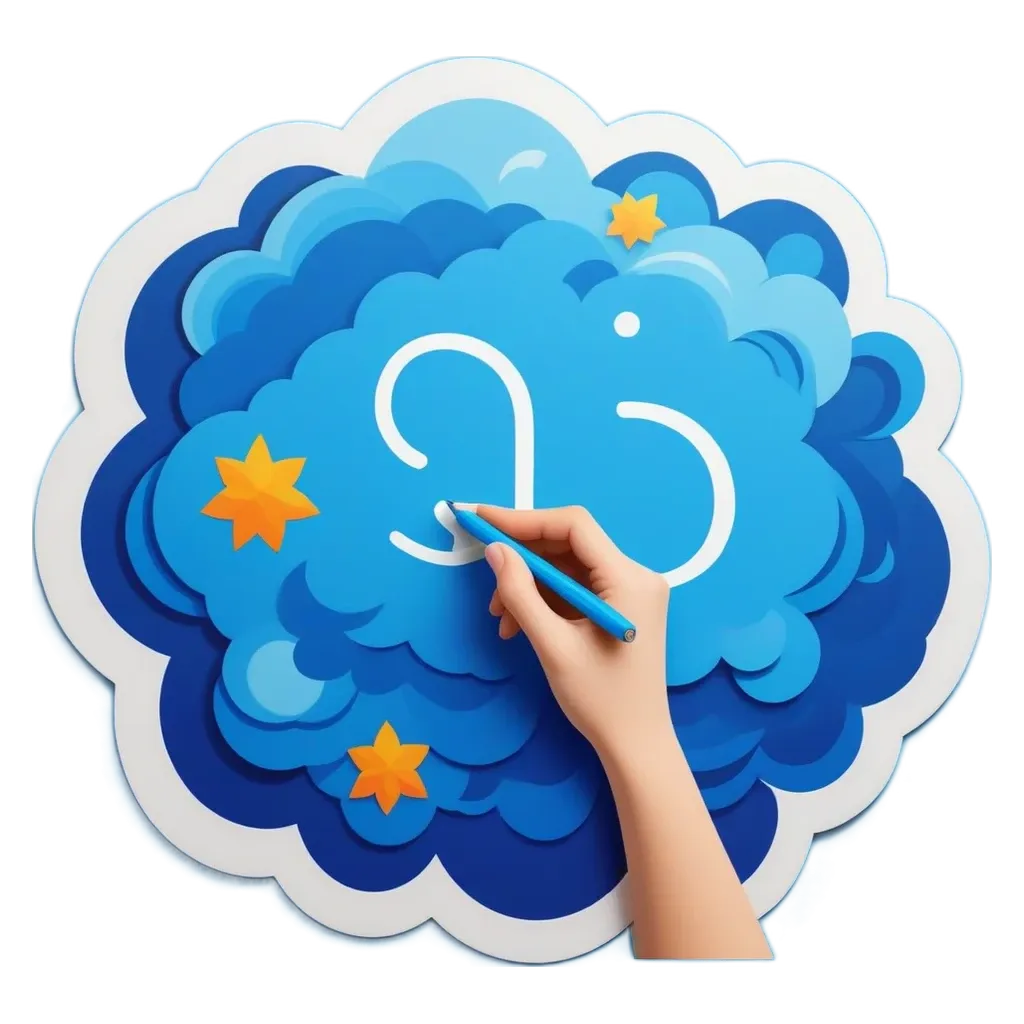 A person's hand is writing in the air above a cloud.