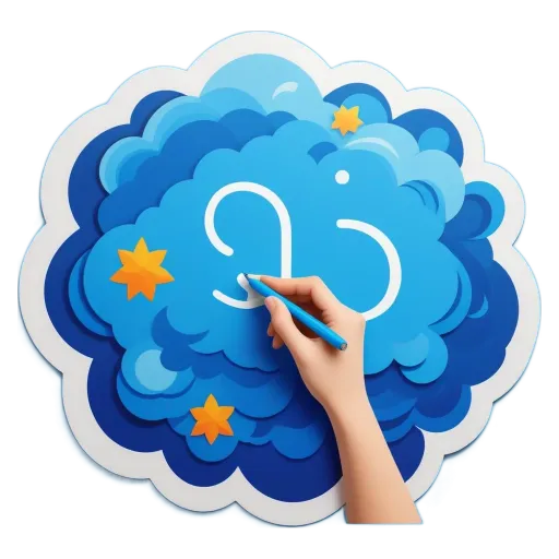 A person's hand is writing in the air above a cloud.