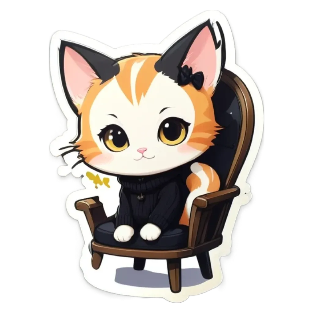 A cartoon cat sitting on a chair in a sweater.