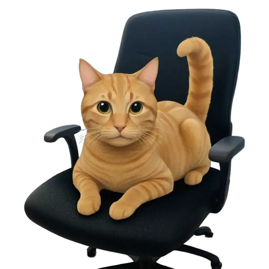 An image of an orange cat sitting on a black office chair.