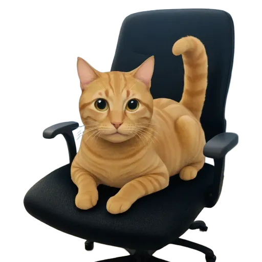 An image of an orange cat sitting on a black office chair.