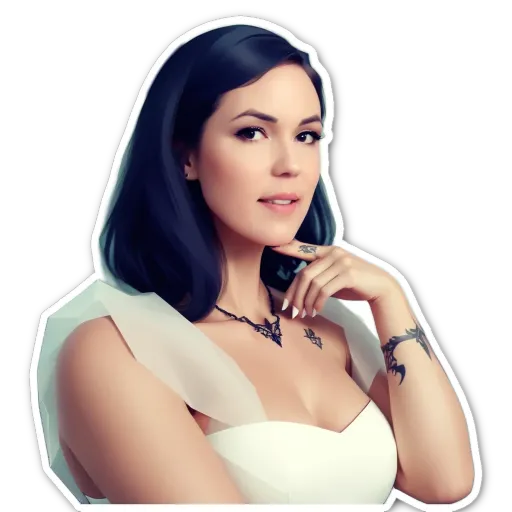 A woman with a tattooed arm is wearing a white dress.