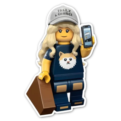 A lego person is holding a cell phone.