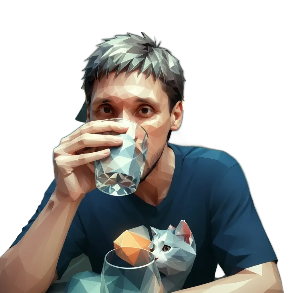 A man drinking from a glass with a cat on the glass.