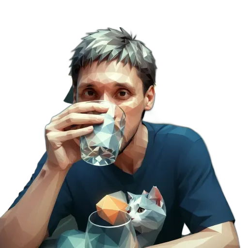 A man drinking from a glass with a cat on the glass.