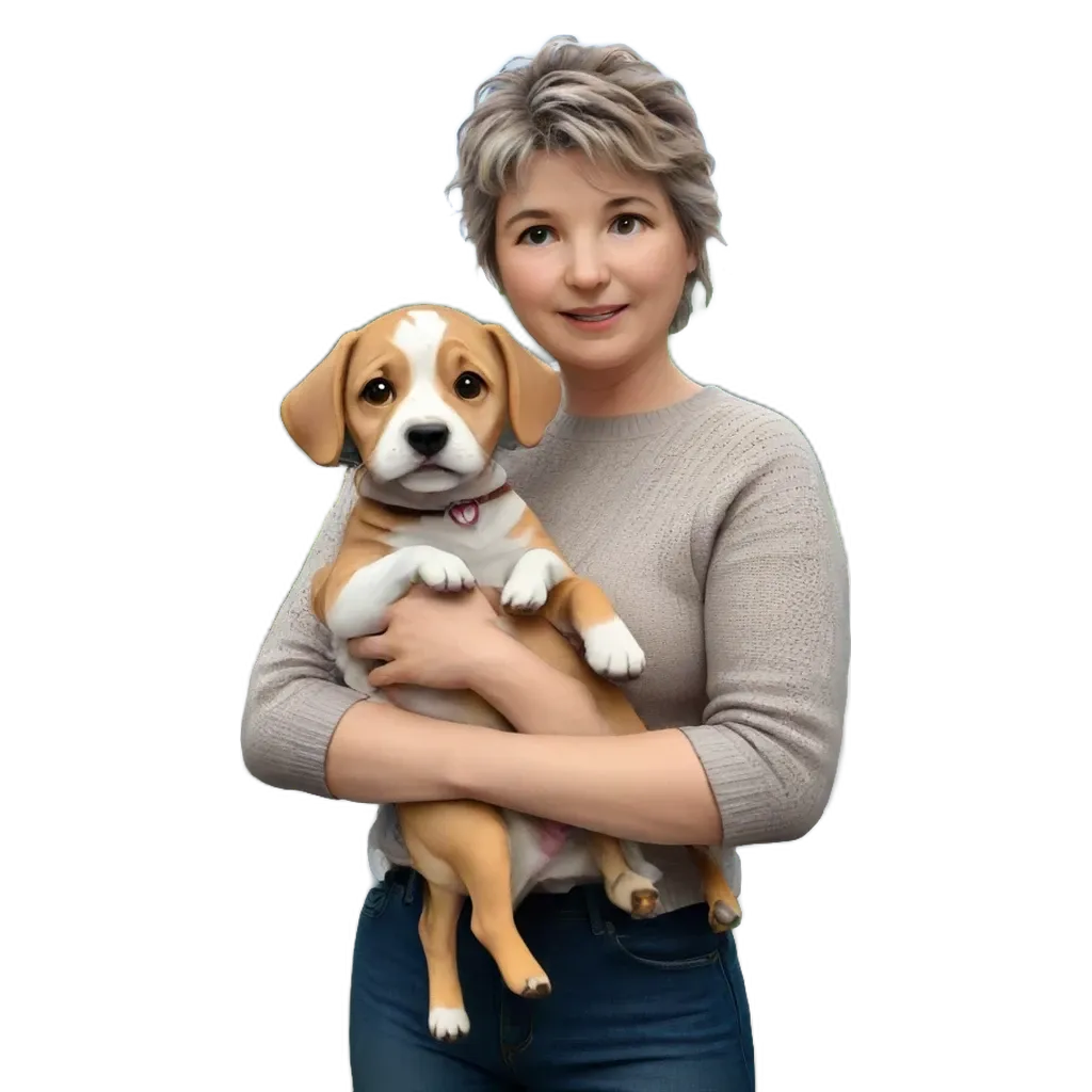 A woman holding a puppy in her arms.