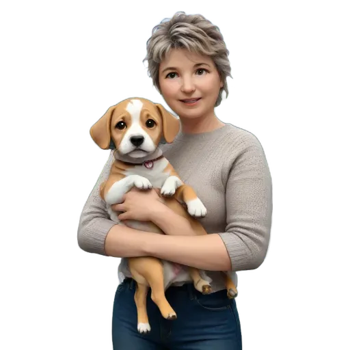 A woman holding a puppy in her arms.