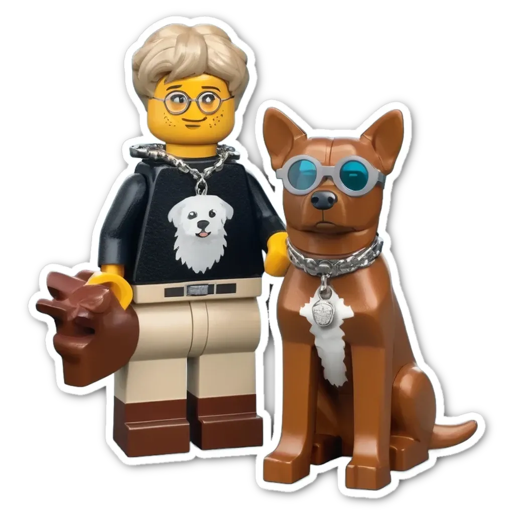 A lego man and dog with glasses and black shirt.