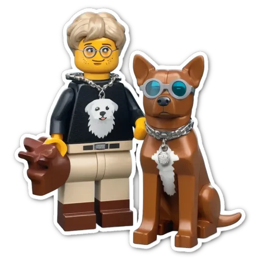 A lego man and dog with glasses and black shirt.