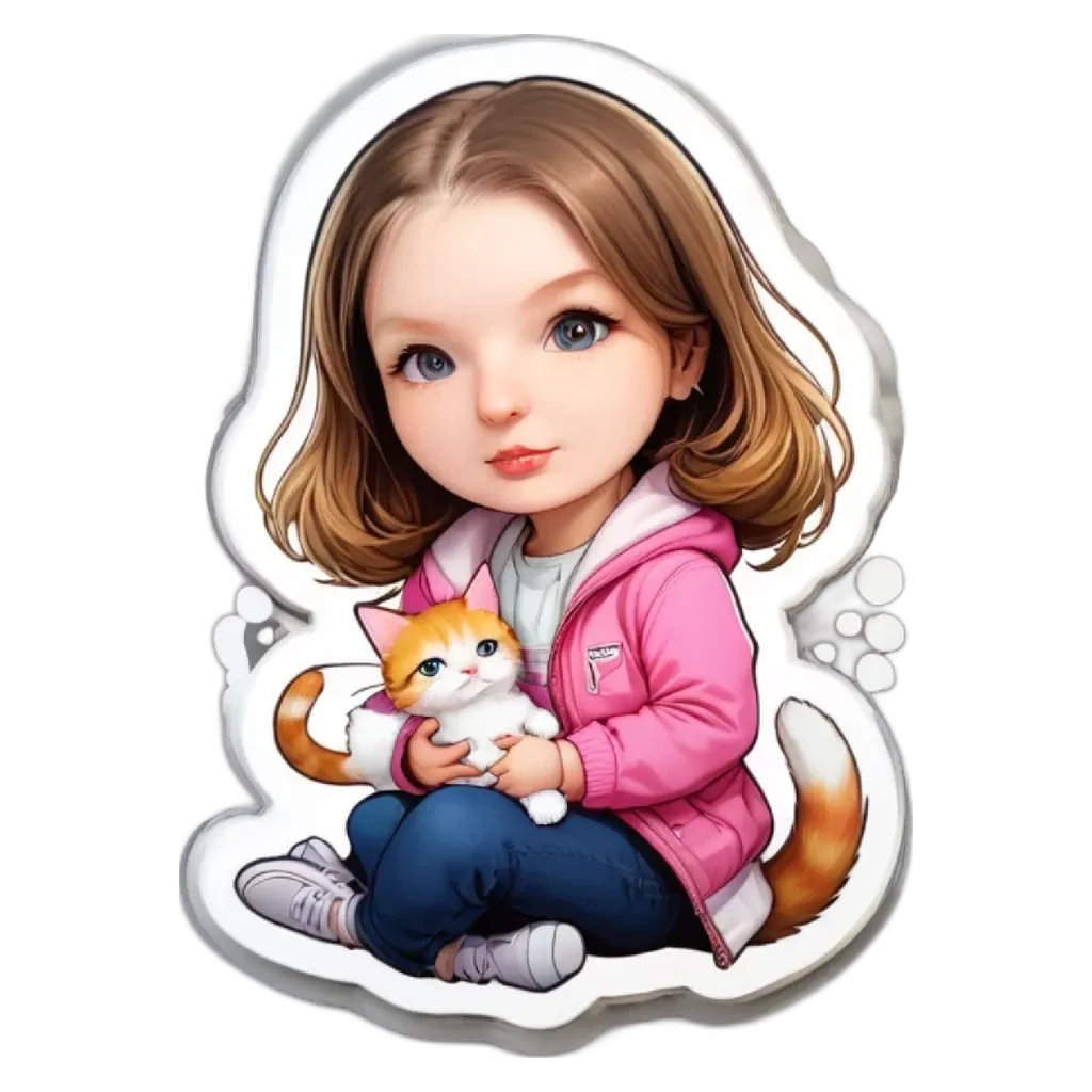 A cartoon girl holding a cat is displayed on the white background.