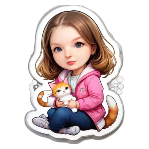 A cartoon girl holding a cat is displayed on the white background.