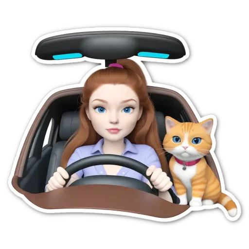 A girl driving a car with a cat in the front seat.
