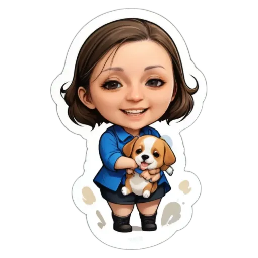 A cartoon girl holding a dog.