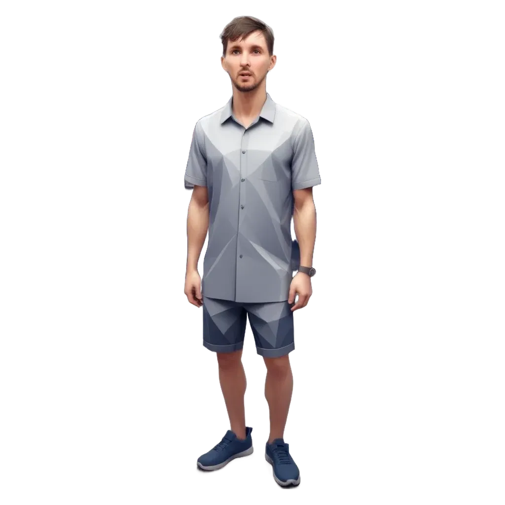 A man in a button down shirt and blue shorts standing on a black background.