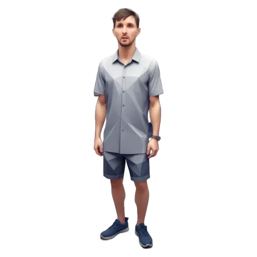 A man in a button down shirt and blue shorts standing on a black background.