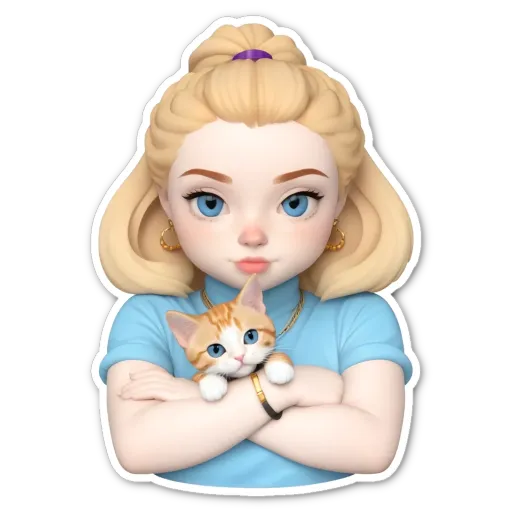 A cartoonish woman holding a cat is wearing a blue shirt.