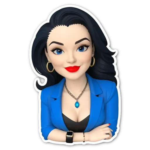 A woman character in a blue jacket with a blue necklace and red lipstick.
