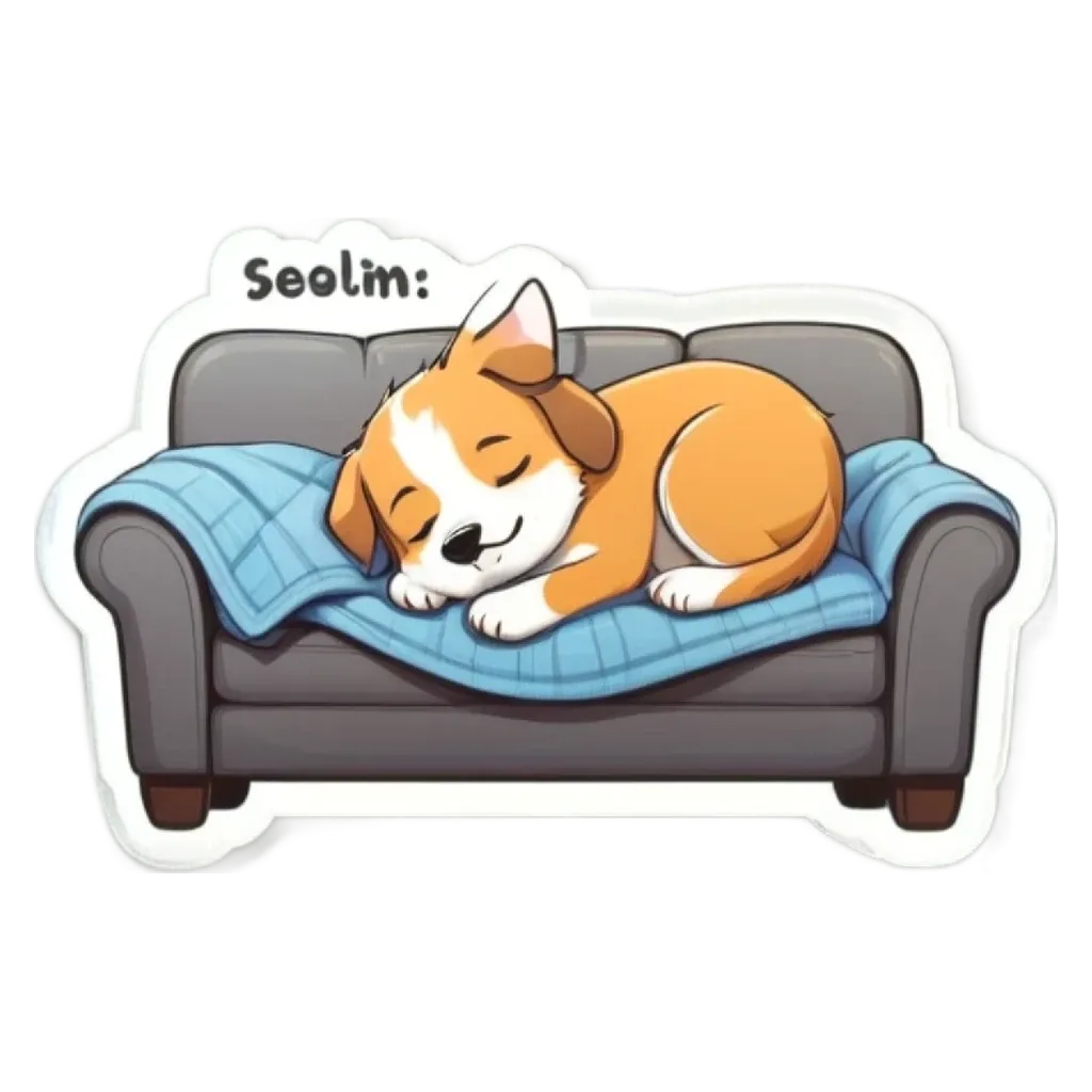 A cartoon dog sleeping on a couch with the word Seelim written on the blanket.