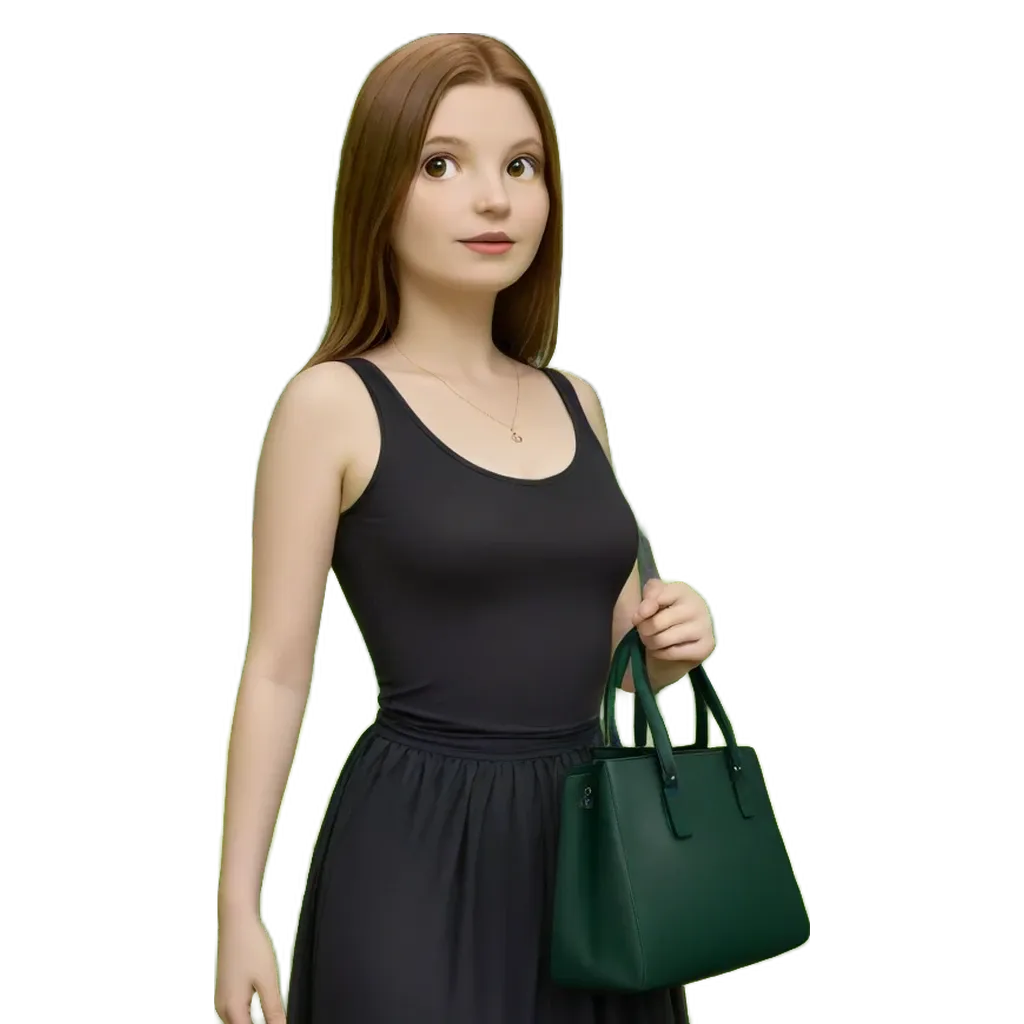 A woman wearing a black dress and a green purse.