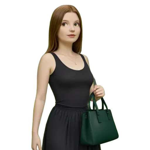 A woman wearing a black dress and a green purse.