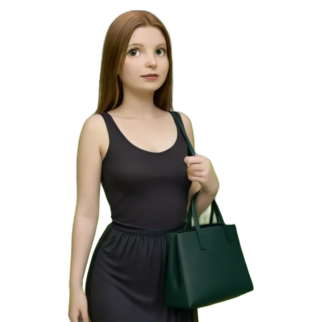 A woman with a green purse is standing in front of a black background.