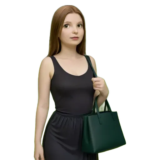 A woman with a green purse is standing in front of a black background.