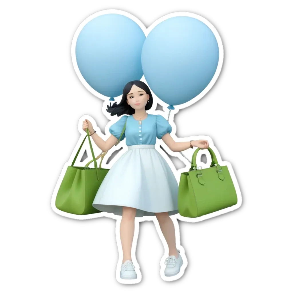 A woman holding green bags is standing in front of two blue bags.