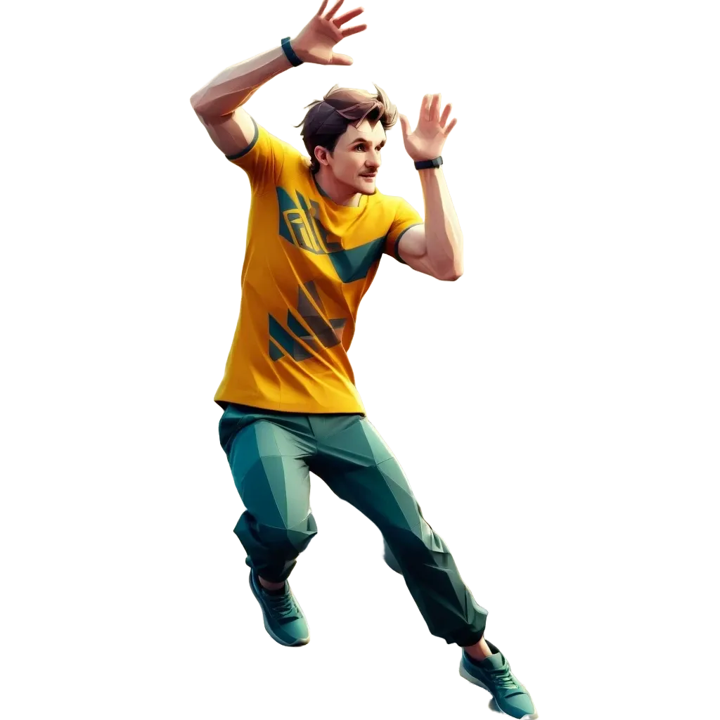 A man in a yellow shirt is jumping off a ledge.