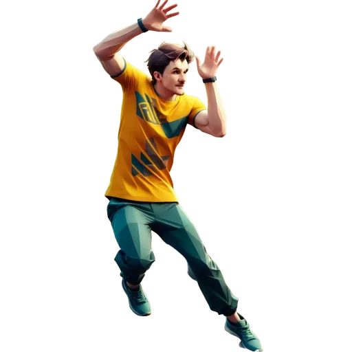 A man in a yellow shirt is jumping off a ledge.