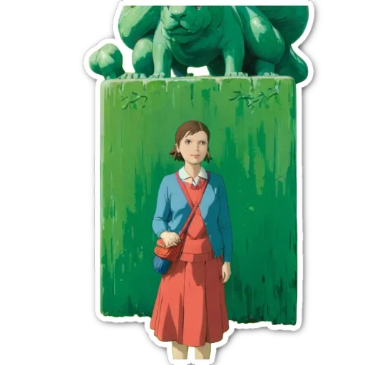 A girl standing in front of a wall with a green animal on it.