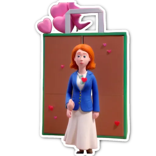 A women in a blue jacket with a heart on the side of the jacket holding a heart shaped bag.