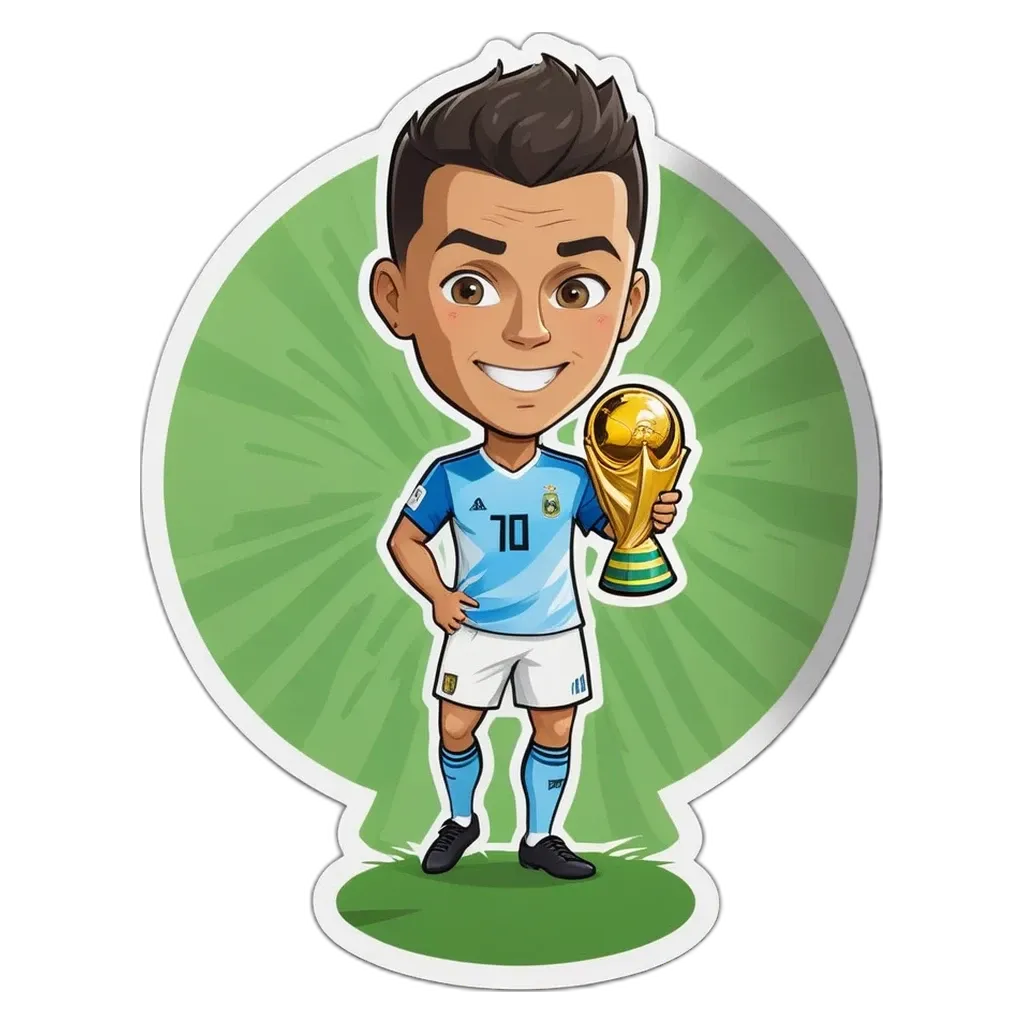 A cartoon soccer player is holding the World Cup trophy.
