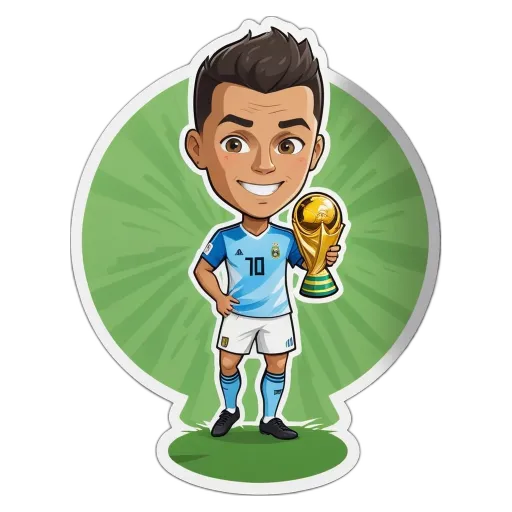 A cartoon soccer player is holding the World Cup trophy.