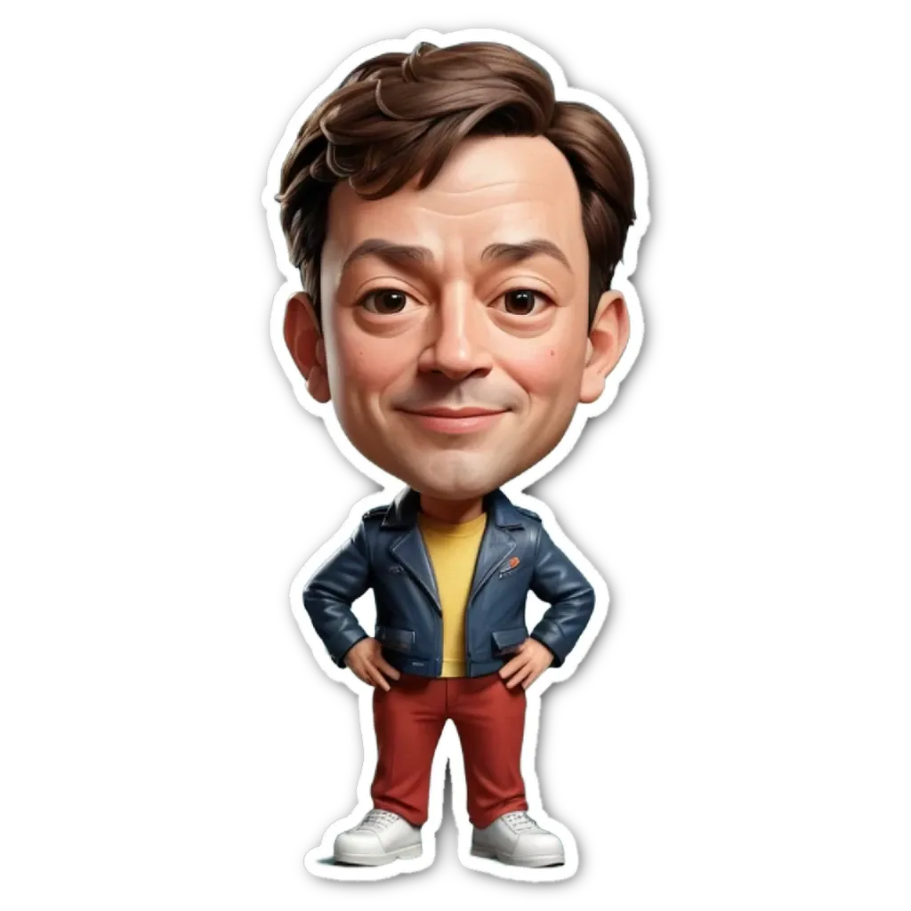 A cartoon depiction of a man wearing a blue jacket and red pants.